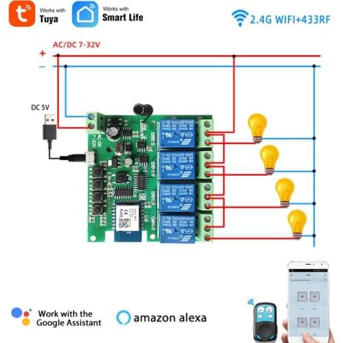 AllbeAI Tuya Smart 4CH Switch,DC 5v 12v 24 32v WIFI 10A Module,Wireless Remote Control Work With Alexa and Google Assistant