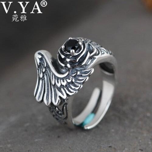 V.YA 100% 925 Sterling Silver Ring Retro Craft Inlaid Zircon Rose Flower Wing Open Rings Thai Silver Men / Women Ring Jewelry