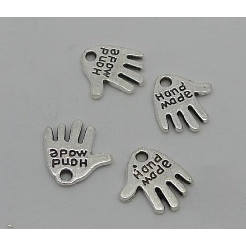 200pcs/lot Vintage Silver "Hand Made" Charms 13x12mm Cute Hand Shaped 2 Sided Tags Label Charms Wedding DIY Gift Idea