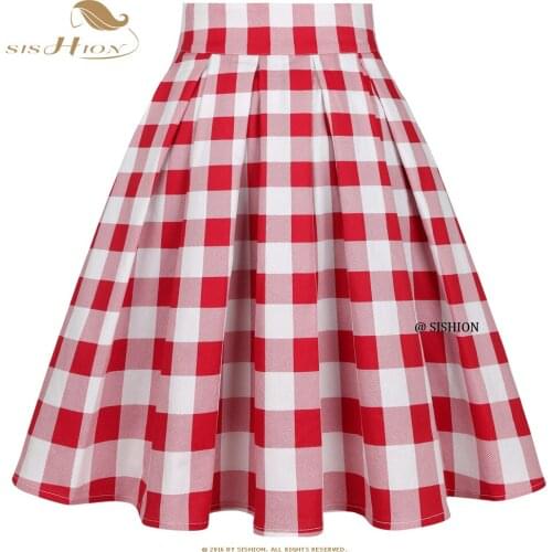 Vintage Women Pleated Skirts Plaid Print Plus Size Midi 50s 60s Rockabilly Pin Up High Waist Summer Cotton Checkered Skirt