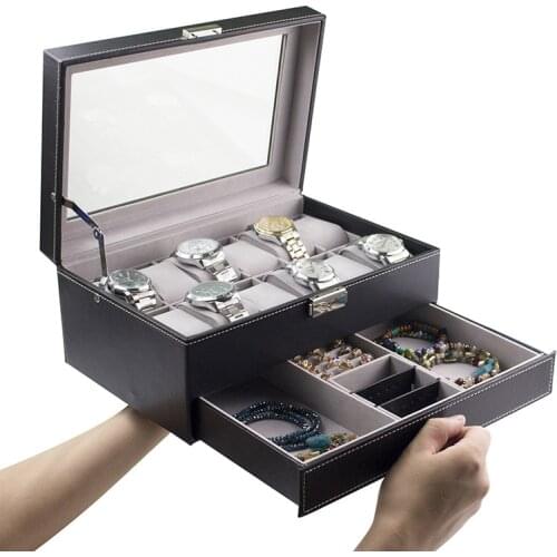 PU Leather Double-Layer 12-Bit High-End Watch Storage Boxes Sunglasses Organizer Dust-Proof Storage Box Ring Jewelry Box
