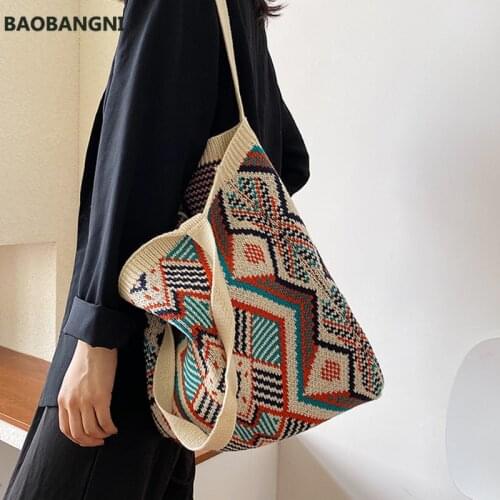 Lady Knitting Bohemian Boho Chic Aztec Tote Bag Women Crochet Woolen Open Shopper Top-handle Bag Female Daily Handbag