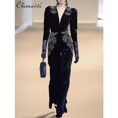 Gold Velvet Jumpsuit 2021 Womens Clothing New European Style High Quality Embroidered High Waist Slimming Drape Overalls