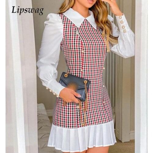 Women Elegant Houndstooth Print Dress Spring Casual Turn-down Collar Ruffle Shirt Dress Autumn Buttoned Long Sleeve Mini Dress