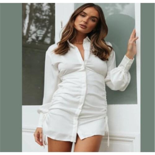 Women Solid Color Ruched Shirt Dress Tie-up Button-down Lapel Long Sleeve Bodycon Dress Autumn Slim Dress With Drawstring