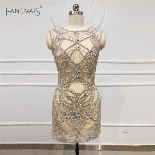 Luxury Evening Dresses 2019 Scoop Crystal Beaded Evening Gown Short Prom Dress Open Back Evening Party Gown NE31