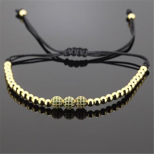 1pcs gold color 4mm round Beads & 6mm green micro pave CZ beads briading macrame women bracelet hot brand men weaving bracelet