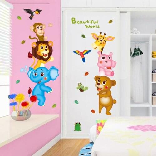 3d Cute Animals Cartoon Door Stickers For Kids Room Bedroom Home Mural Art Diy Safari Wall Decal Lion Elephant Monkey Decoration