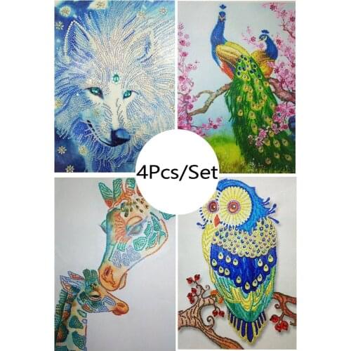 4Pcs/set Special Shaped Diamond Painting Peacock Wolf Owl Giraffe DIY 5D Partial Drill Cross Stitch Kits Crystal Rhinestone