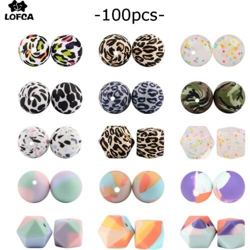 LOFCA 100pcs Leopard Print 12/15/19mm Silicone Beads Baby Teether Teathing Beads Tie-dye DIY Chewable Confetti Teething