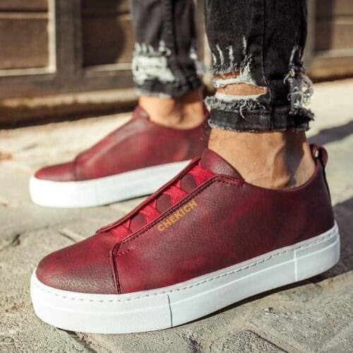 Chekich Mens Sneakers Claret Red Faux Leather Elastic Band Casual Shoes 2021 Summer & Autumn Fashion Wedding Odorless Slip-On White Sole Office Vulcanized Material Solid Lightweight Air Breathable Flat CH013 V2