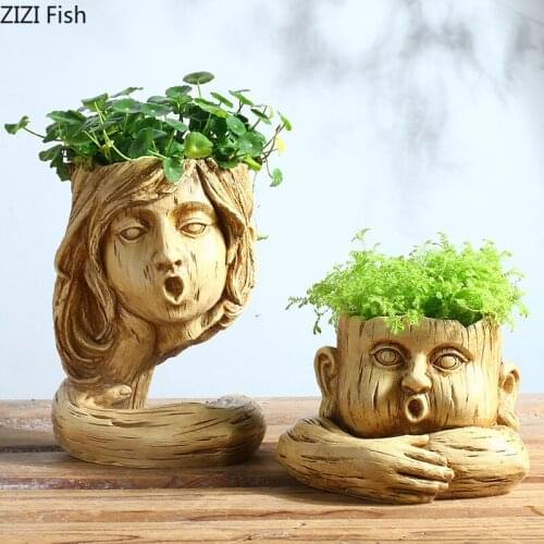 Vintage Imitation Wood Grain Carved Head Flowerpot Flowers Green Plants Hydroponic Flower Pot Desktop Resin Crafts Home Decor
