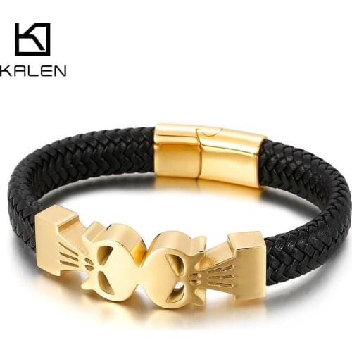 Kalen Three-Color Optional Mens Stainless Steel Leather Bracelet Ghost Pattern Trendy Jewelry