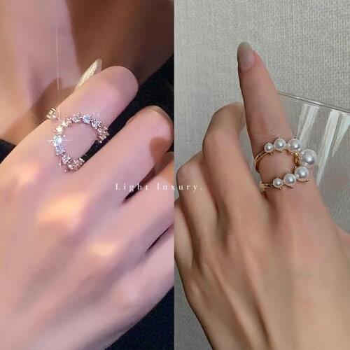 2021 Luxury Pearl Zircon U-Shaped Gold Opening Rings Korean Fashion Jewelry Gothic Girls Sexy Finger Set Accessories For Woman