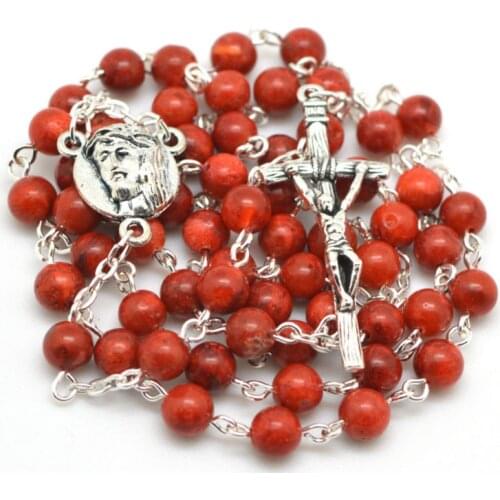 Beautiful red coral round bead catholic rosary handmade necklace