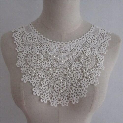 1 Pcs Pretty Pearls Beaded Milk Silk Fake Lace Collar Crochet Circle Floral Lace Neckline For Wedding Bridal Dress Sweater