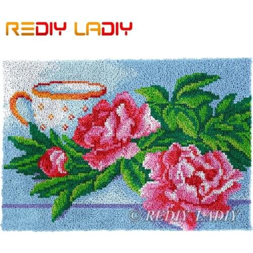 Latch Hook Rug Chunky Yarn Tapestry Kits Crocheting Cushion Mat Flowers & Coffee DIY Carpet Rug Needlework Arts & Crafts 85*58cm