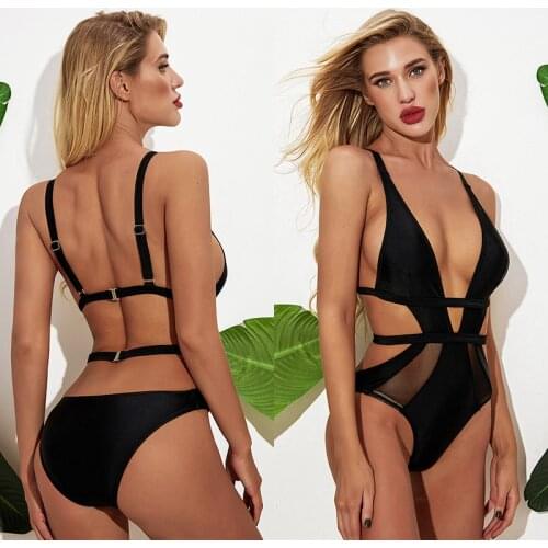 Autuspin Sexy Monokini Fashion Womens Swimsuits Backless Bathing Suit Solid Color Black Women Bathing Suit Deep V Neck Bodysuit