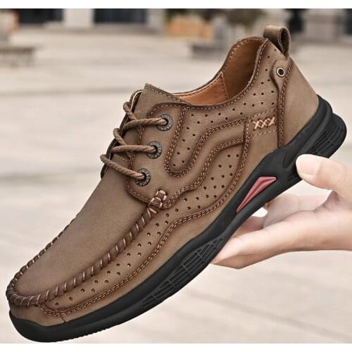 Mens Shoes Genuine Leather Luxury Mens Casual Shoes Breathable Comfortable Hiking Shoes Men Soft Non-slip Sneakers