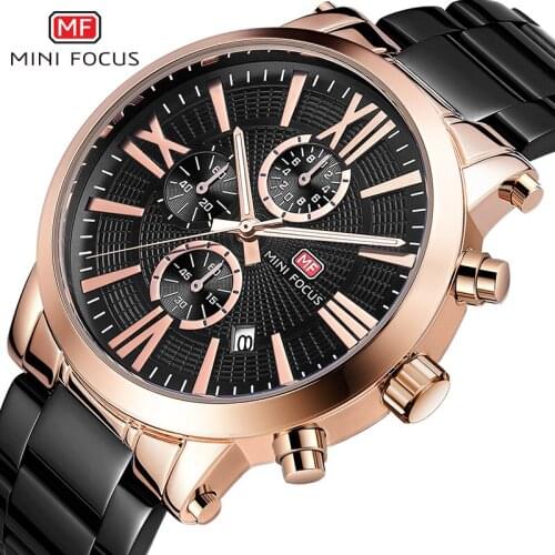 MINI FOCUS 0219G Mens Stainless Steel Chronograph Quartz Watches Waterproof Business Dress Wristwatch Man Relogios Rose black