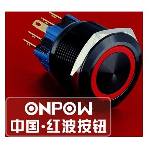 ONPOW 25mm 1NO1NC Momentary Aluminium Alloy black anodized ring LED Metal Push button switch (GQ25-11E/R/12V/A) CE, ROHS