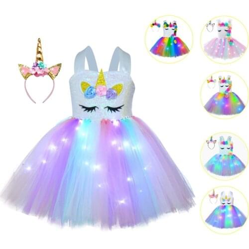 Children Kids Halloween Costumes LED Glowing Dress Flower Girls Unicorn Tutu Dress Rainbow Princess Girls Birthday Party Dress