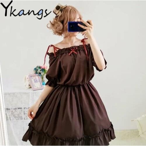 Off Shoulder Vintage Puff Sleeve Elegant Ruffle Short Dresses Brown Japanese Style Summer New Sweet Loose Women Sexy Streetwear