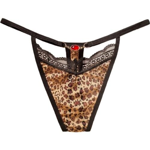 Women Sexy Lingerie Cute Panties Lace Underwear Women Sexy Bikini Flirty G-string Thongs with Leopard Print and Gemstone Center
