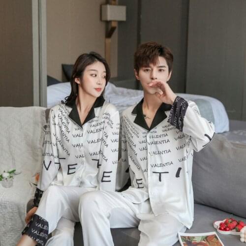 Women Pajamas High Quality Home Wear Short Sleeve Men Pajamas New Unisex Sleepwear Satin lapel Ice silk English alphabet Pajamas