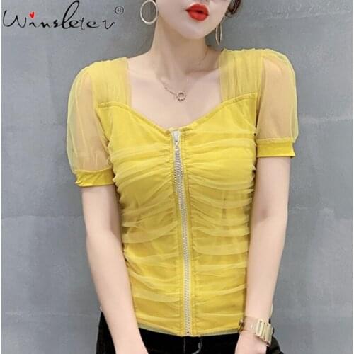 Summer Korean Clothes T-Shirt Fashion Sexy Patchwork Mesh Transparent Zipper Women Tops Short Sleeve Slim Tees New 2021 T12828A