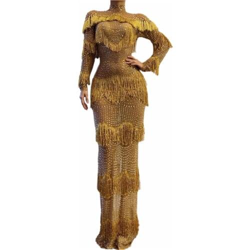Women Stretch Birthday Prom Crystal Long Fringes Dress Dancer Performance Stage Costumes Women Evening Party See-through Dress