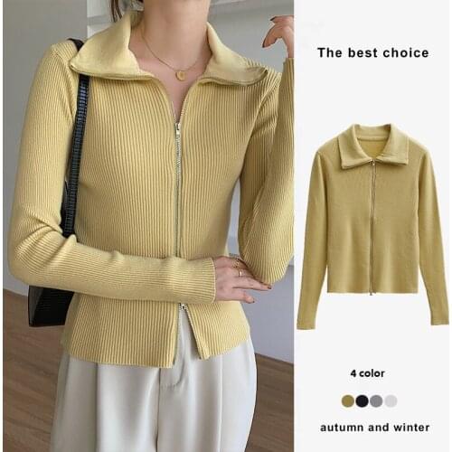 GUUZYUVIZ Yellow Zippers Sweater Cardigan Women Casual Autumn Winter Long Sleeve