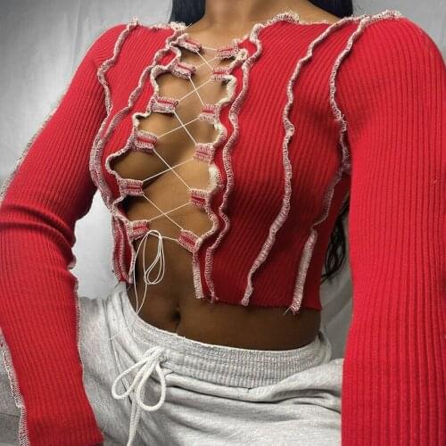 Sexy WomenTops Ribbed Lace Up Bandage Hollow Out Long Sleeve Party Knitwear Patchwork Party Night Clubwear Shirt