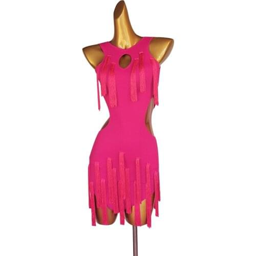 Latin Dance Competition Dress For Women Adult Sleeveless Backless Fringe Practice Clothes Rose Red Tassel Tango Costumes DQL6041