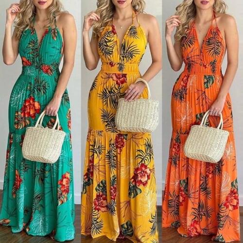 2021 Divasily V Neck Tropical Print Strap Halter Sleeveless Casual Womens Backless Maxi Summer Dresses Robe Vestido De Mujer