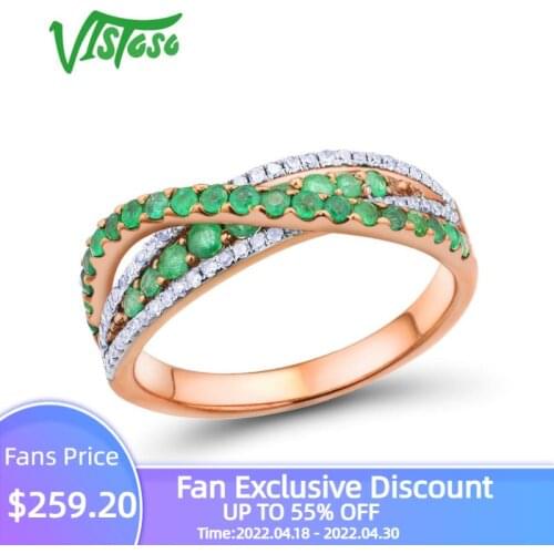 VISTOSO Gold Rings For Women Genuine 14K 585 Rose Gold Ring Magic Emerald Sparkling Diamond Glamorous Anniversary Fine Jewelry