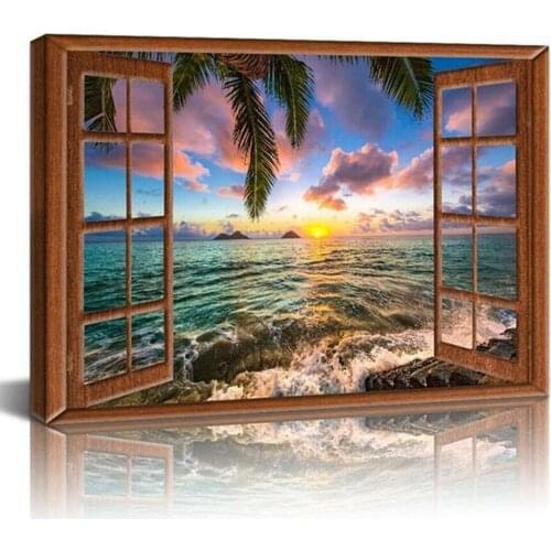 5D Diy Diamond Embroidery Window Frame Beautiful Lanikai Beach Hawaii Sunrise Full Square Round Cross Stitch Mozaik PuzzleZP-227