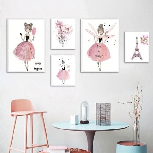 Watercolor Pink Kawaii Girls Poster Nursery Decor Flower Canvas Paintings Print Wall Art Pictures Gifts Children Room Home Decor
