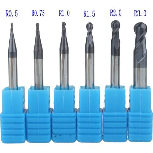 Free shipping 6 pcs/set R0.5 R0.75 R1 R1.5 R2 R3 Real HRC45 For 2 flutes ball nose end mill milling cutter CNC router bit