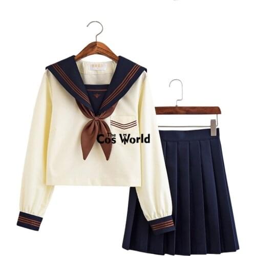 [Cha Yu Zhong] Beige Navy Blue Japanese Summer Sailor Suit Tops Skirts JK School Uniform Class Students Cloth