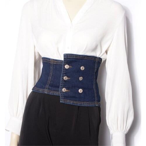 European Street Wide Denim Fabric Waist Belt Double Buttons Adjustable Corset Strap Cummerbund Elegant Ladies Spring Waistband