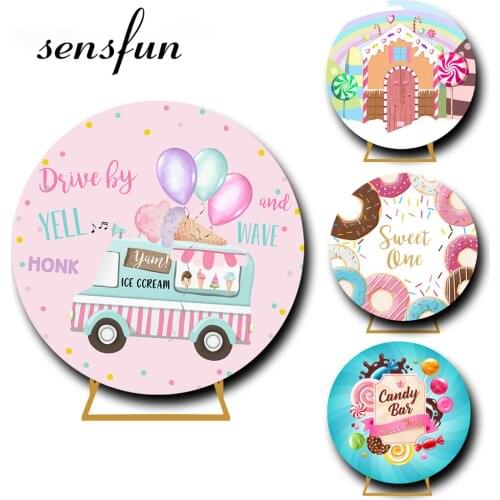 6 Options Donuts Candy Bar Theme Round Backdrop Cover Pink Girls Ice Cream Summer Birthday Party Circle Photography Background