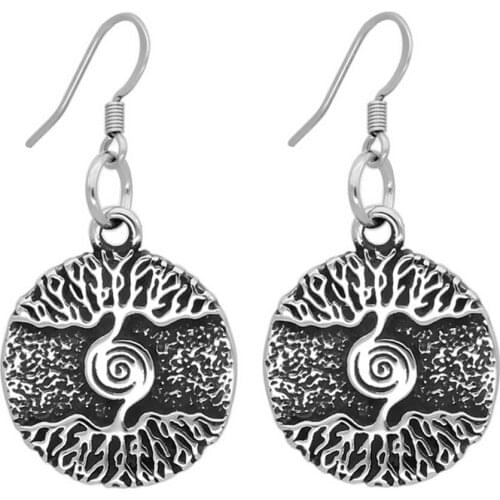 Exquisite Nordic mythology Viking tree totem pattern round metal pendant earrings eardrop