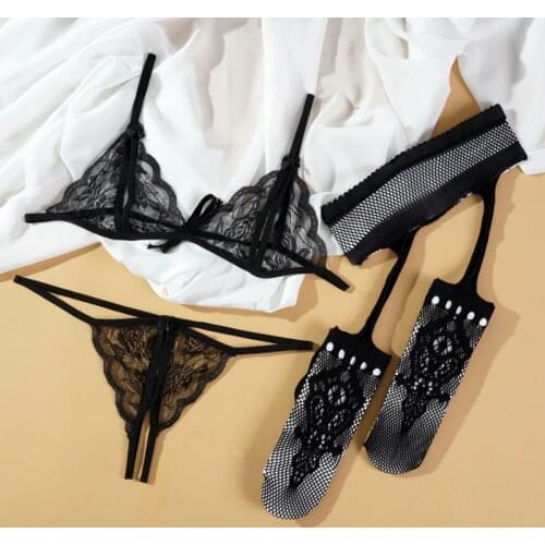 3 Pcs/Set Sexy Lingerie Set Womens Fashion Lace Ladies Black Bra Set Transparent Bra G-string Garter Set 2021 New Suit
