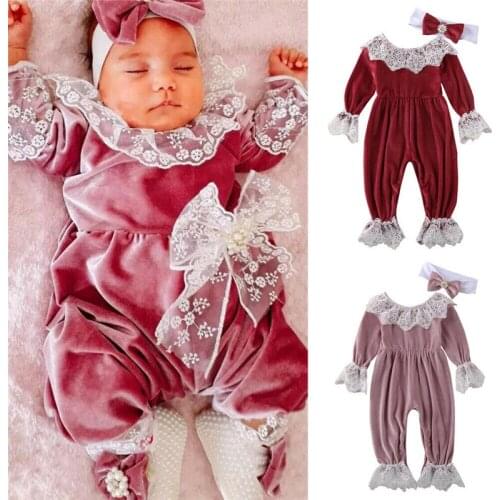 PUDCOCO Cute Newborn Girl Lace Velvet Plush Romper Long Sleeve Romper Jumpsuit Playsuit Pearl Bow Headband Outfits 2Pcs 0-24M