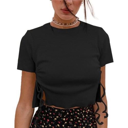 2021 Fashion Trend T-Shirt Solid Color Round Neck Short Sleeve Crop Tops Casual Solid Color Tee with Drawstring for Women Ladies