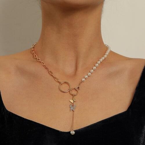 Trendy Geometric Round Circle Butterfly Pendant Choker Necklace Girls Personality Buckle Lock Thick Pearl Chain Necklace