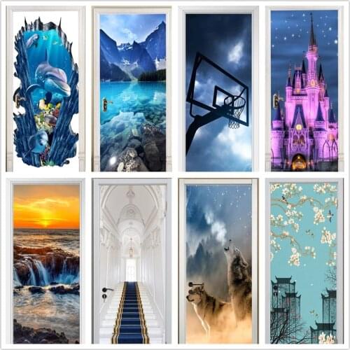 Blue Series Door Sticker Beautiful Scenery PVC Self Adhesive Stickers Art Mural Deursticker House Stuff for Home And Decoration