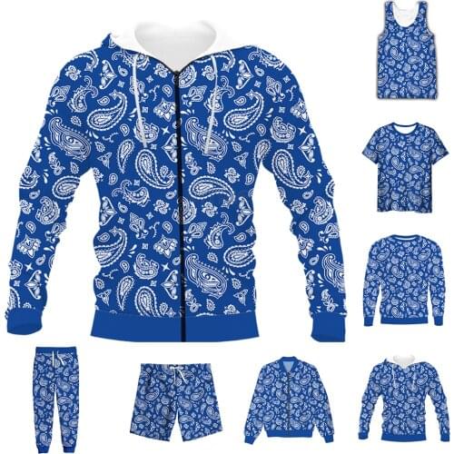 New Funny 3D Full Print Bandana Blue Paisley T-shirt/Sweatshirt/Zip Hoodies/Thin Jacket/Pants Four Seasons Casual Suit V5