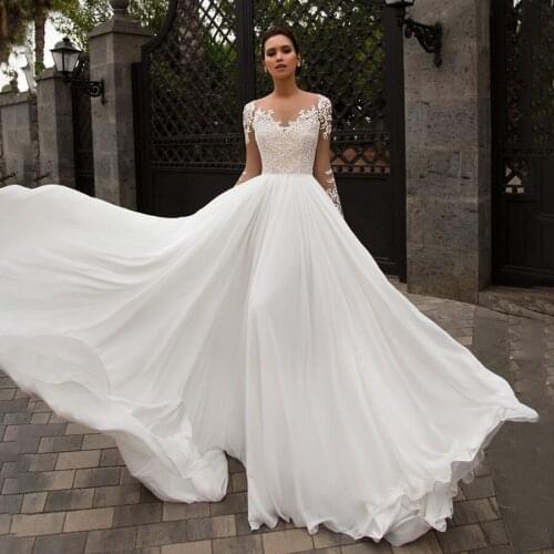 A-line Long Sleeves Elegant Chiffon Wedding Dress Nude Bodice Sexy Bridal Dress vestidos de novia para playa